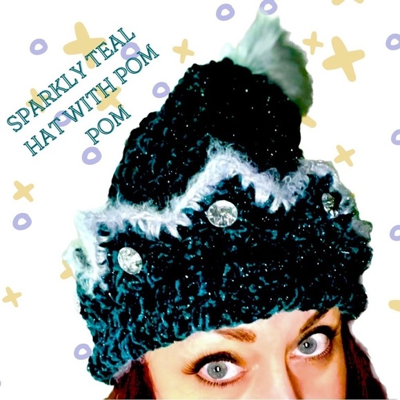 SPARKLY TEAL HAT WITH POM POM AND FINGERLESS GLOVES - Picture 1 of 4
